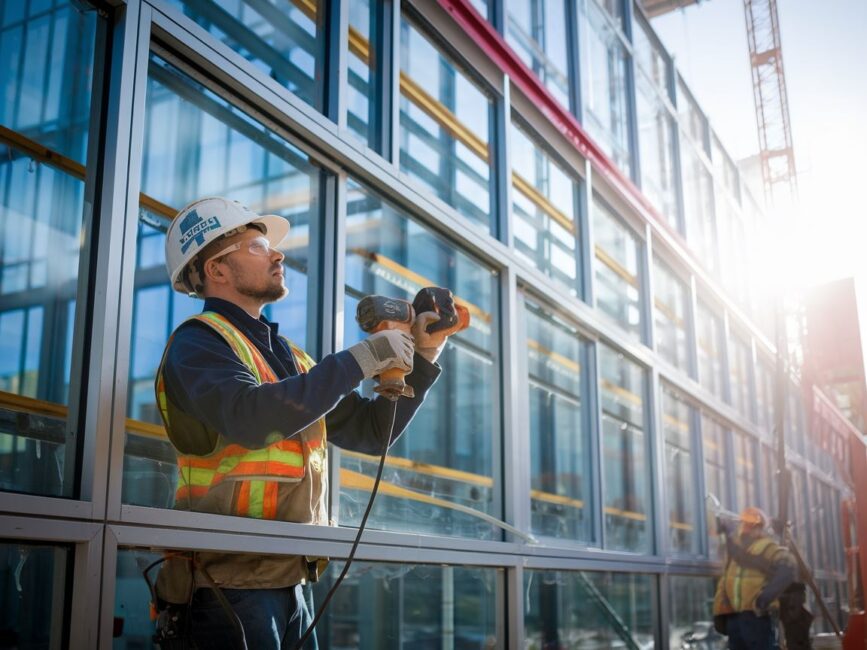 Montaż obramówek okien na elewacji budynku